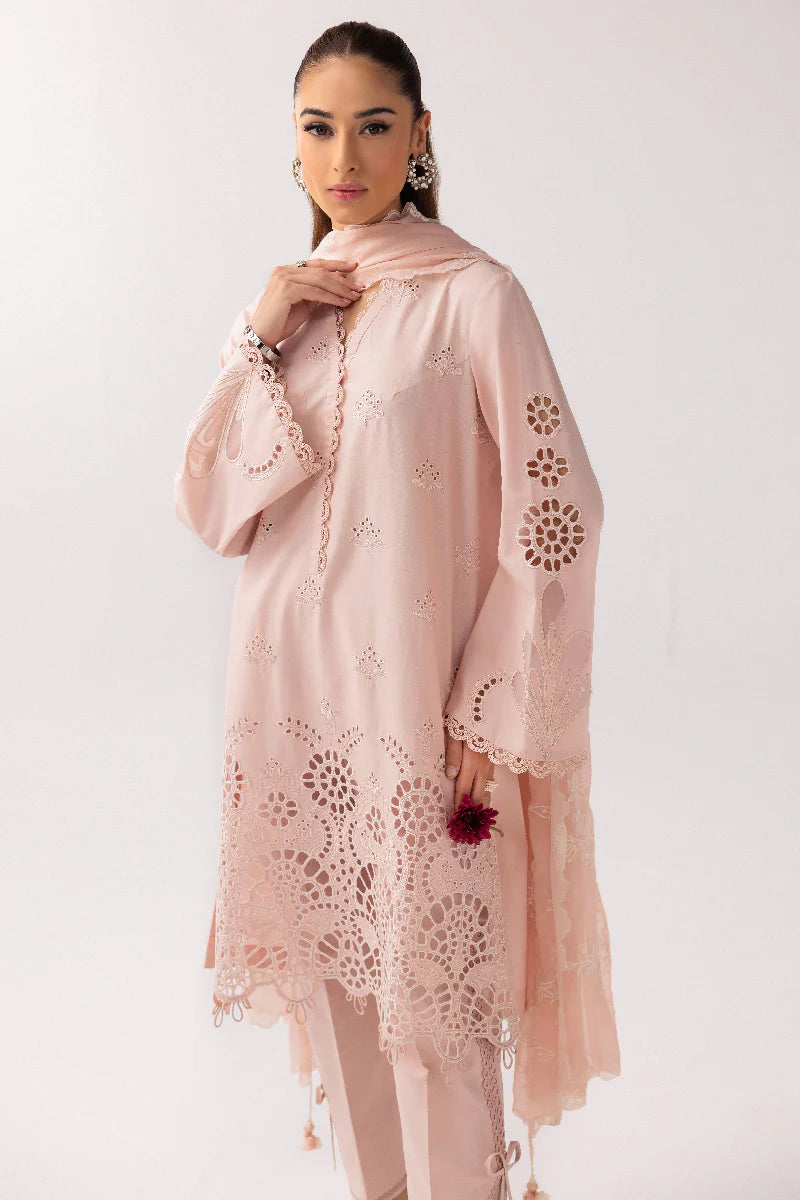 Model wearing soft pink embroidered dress from Qalamkar Basic Pret '25 KT-05 Shareen, Saffron Pakistani Luxury pret online in UK.