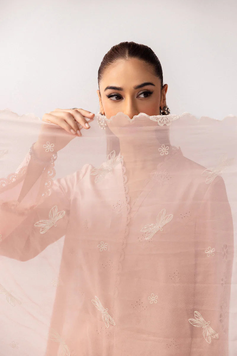 Model wearing soft pink embroidered dress from Qalamkar Basic Pret '25 KT-05 Shareen, Saffron Pakistani Luxury pret online in UK.