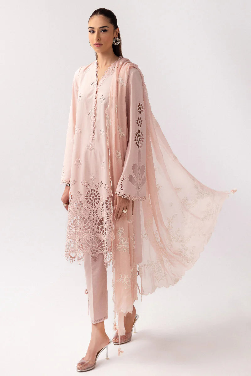 Model wearing soft pink embroidered dress from Qalamkar Basic Pret '25 KT-05 Shareen, Saffron Pakistani Luxury pret online in UK.