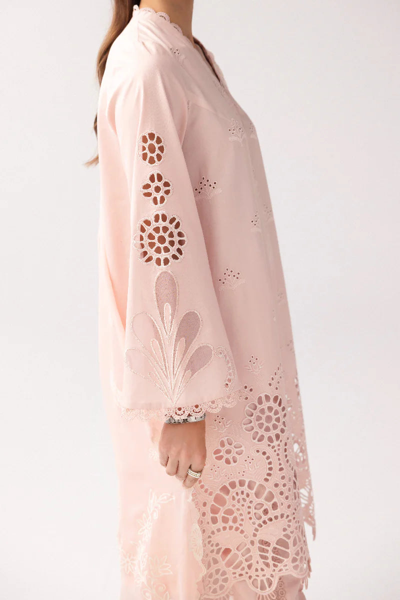 Model wearing soft pink embroidered dress from Qalamkar Basic Pret '25 KT-05 Shareen, Saffron Pakistani Luxury pret online in UK.