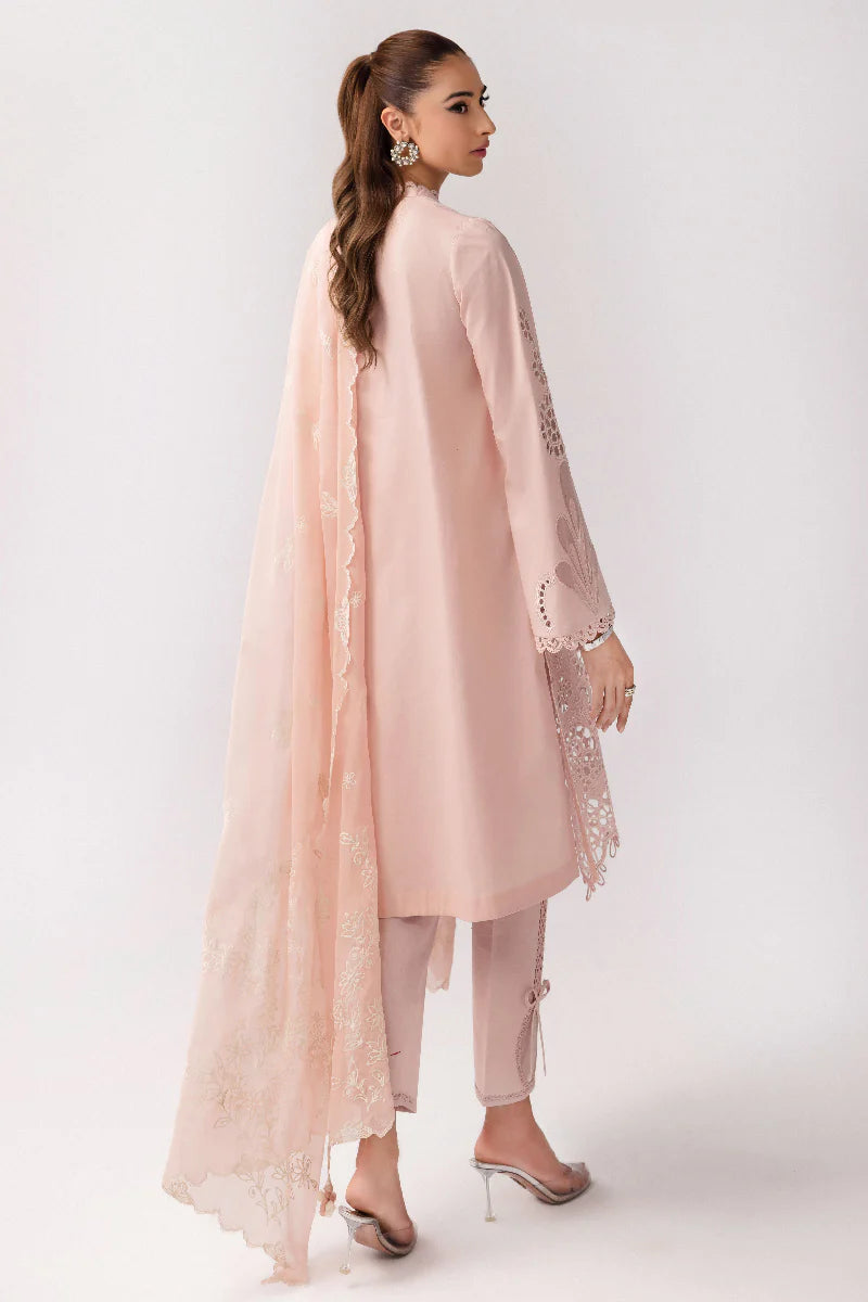 Model wearing soft pink embroidered dress from Qalamkar Basic Pret '25 KT-05 Shareen, Saffron Pakistani Luxury pret online in UK.