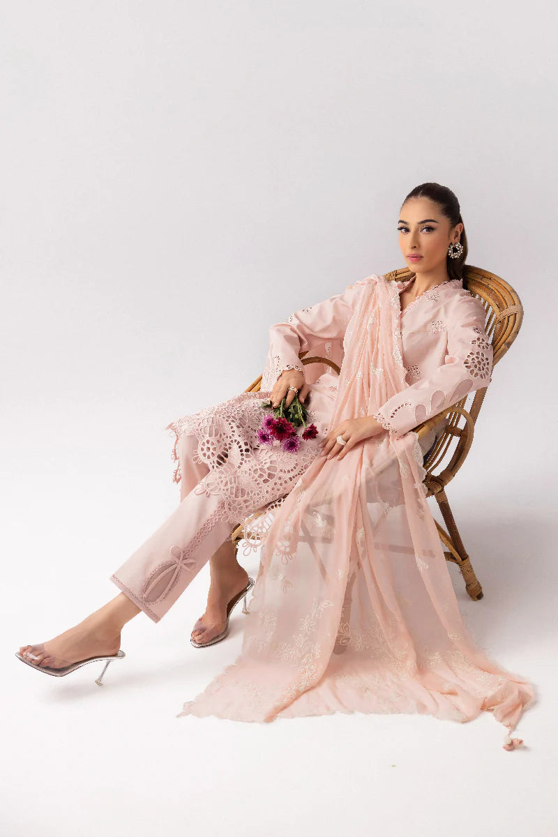 Model wearing soft pink embroidered dress from Qalamkar Basic Pret '25 KT-05 Shareen, Saffron Pakistani Luxury pret online in UK.