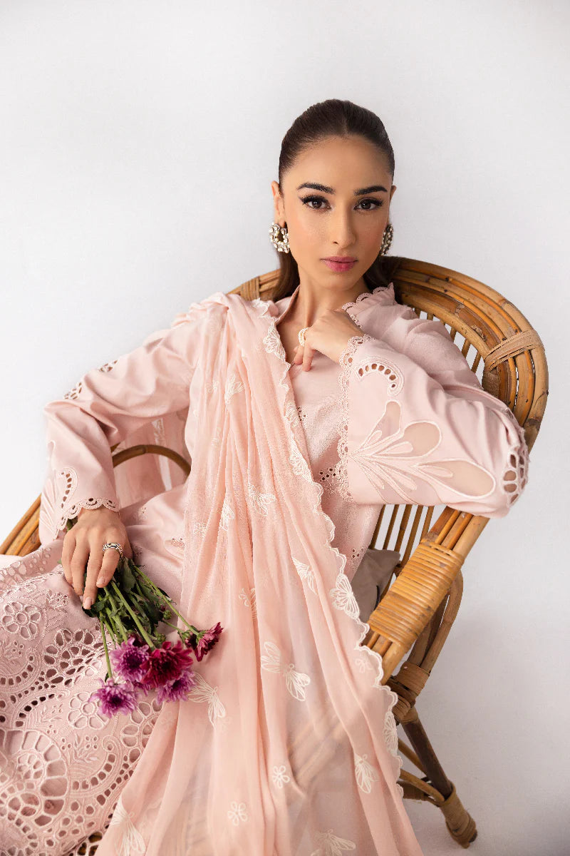Model wearing soft pink embroidered dress from Qalamkar Basic Pret '25 KT-05 Shareen, Saffron Pakistani Luxury pret online in UK.