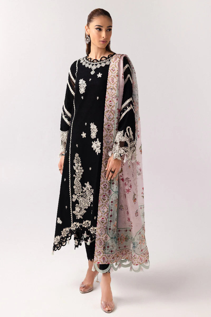 Model wearing black embroidered dress from Qalamkar Basic Pret '25 KT-07 Mahira, Saffron Pakistani Luxury pret available online in UK.