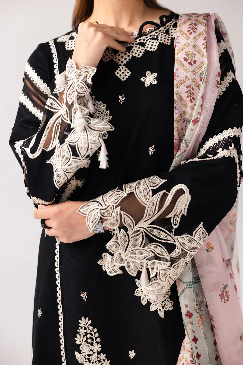 Model wearing black embroidered dress from Qalamkar Basic Pret '25 KT-07 Mahira, Saffron Pakistani Luxury pret available online in UK.