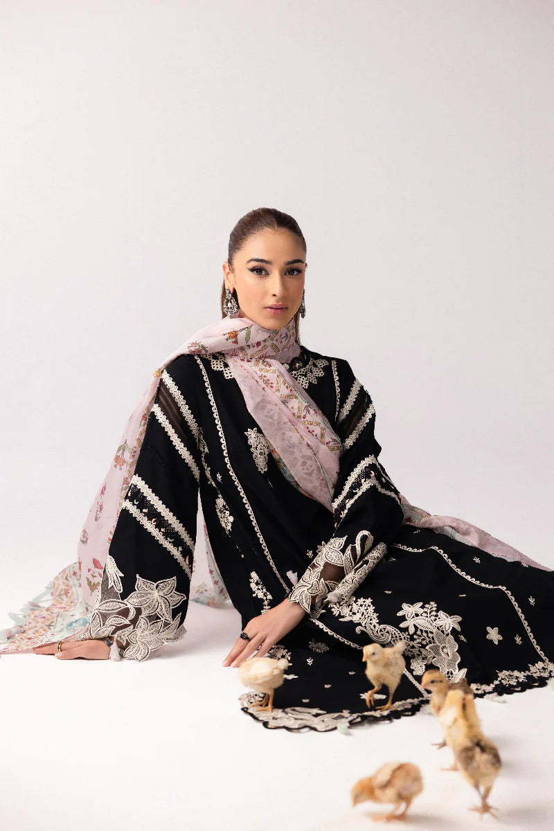 Model wearing black embroidered dress from Qalamkar Basic Pret '25 KT-07 Mahira, Saffron Pakistani Luxury pret available online in UK.