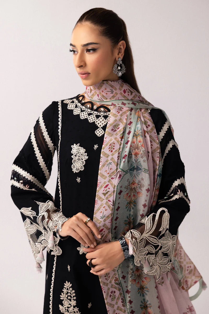 Model wearing black embroidered dress from Qalamkar Basic Pret '25 KT-07 Mahira, Saffron Pakistani Luxury pret available online in UK.