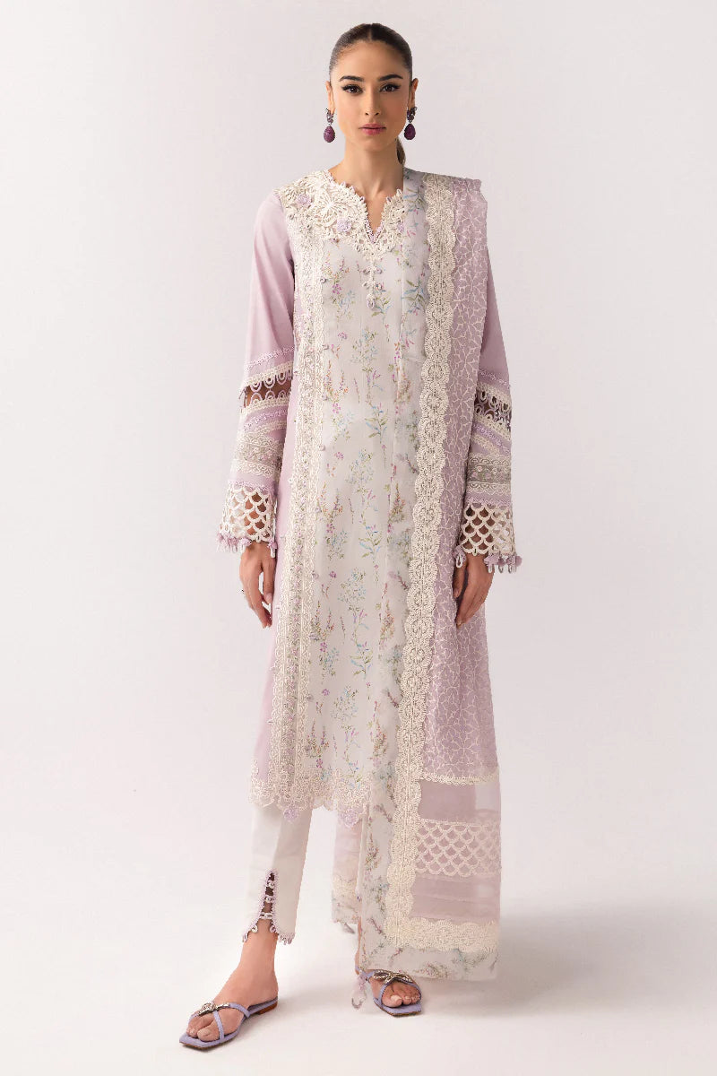 Model wearing pastel lilac floral printed dress from Qalamkar Basic Pret '25 KT-06 Zarina, Saffron Pakistani Luxury pret online in UK.