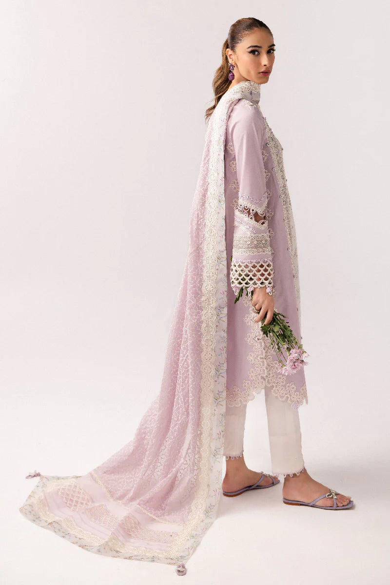 Model wearing pastel lilac floral printed dress from Qalamkar Basic Pret '25 KT-06 Zarina, Saffron Pakistani Luxury pret online in UK.