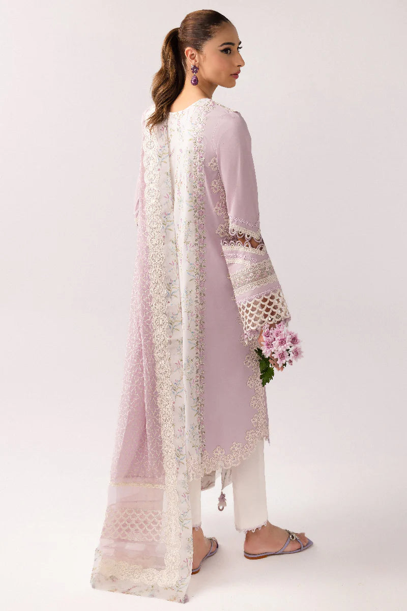 Model wearing pastel lilac floral printed dress from Qalamkar Basic Pret '25 KT-06 Zarina, Saffron Pakistani Luxury pret online in UK.