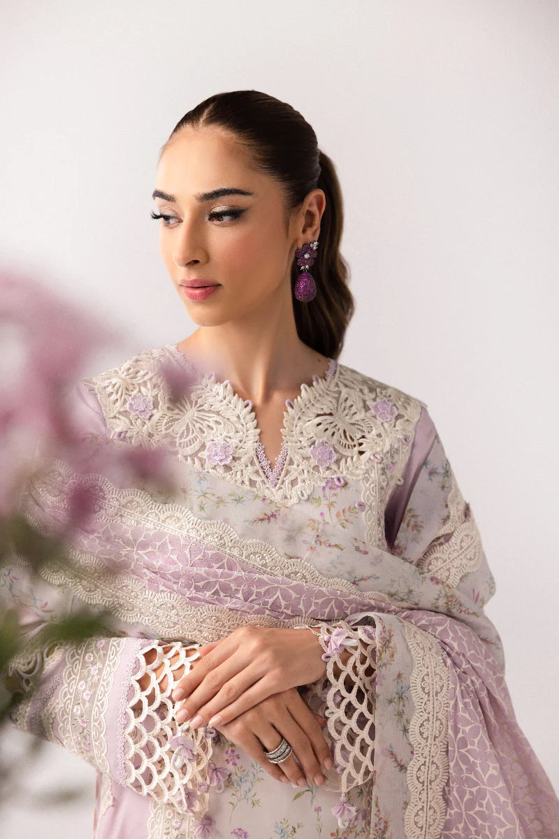 Model wearing pastel lilac floral printed dress from Qalamkar Basic Pret '25 KT-06 Zarina, Saffron Pakistani Luxury pret online in UK.