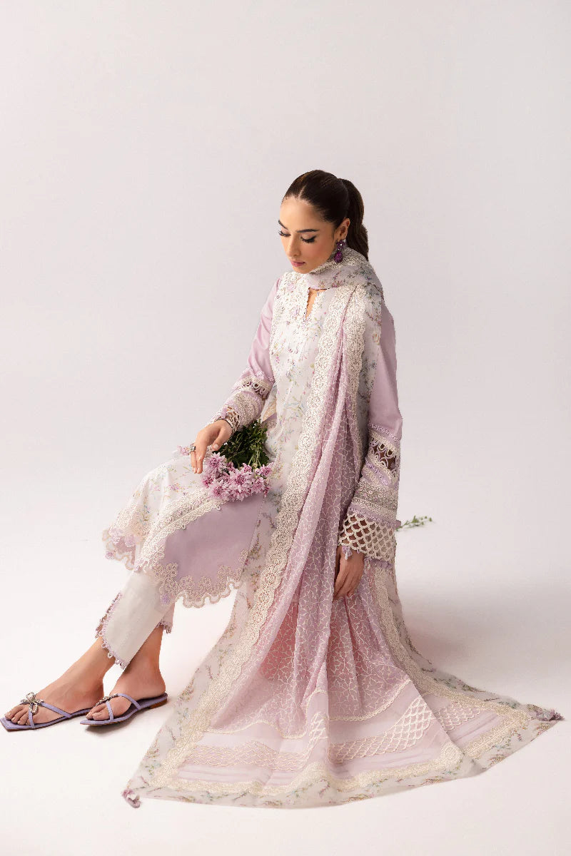 Model wearing pastel lilac floral printed dress from Qalamkar Basic Pret '25 KT-06 Zarina, Saffron Pakistani Luxury pret online in UK.
