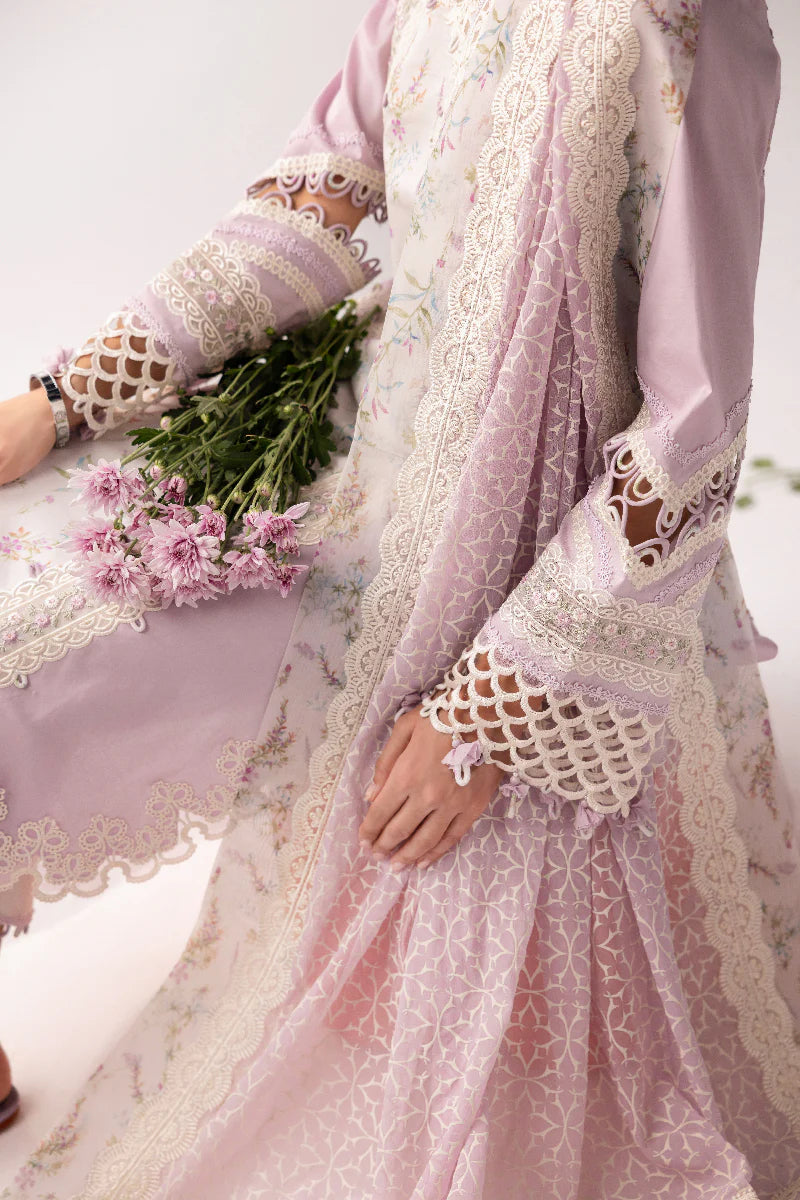 Model wearing pastel lilac floral printed dress from Qalamkar Basic Pret '25 KT-06 Zarina, Saffron Pakistani Luxury pret online in UK.