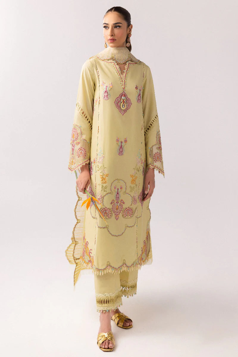 Model wearing lemon yellow embroidered dress from Qalamkar Basic Pret '25 KT-04 Afra, Saffron Pakistani Luxury pret online in UK.