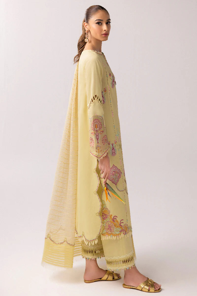 Model wearing lemon yellow embroidered dress from Qalamkar Basic Pret '25 KT-04 Afra, Saffron Pakistani Luxury pret online in UK.