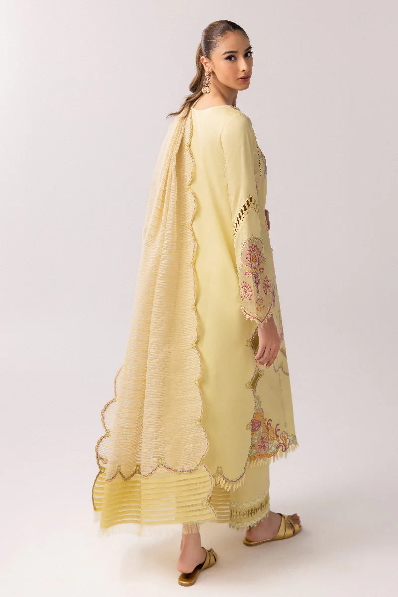 Model wearing lemon yellow embroidered dress from Qalamkar Basic Pret '25 KT-04 Afra, Saffron Pakistani Luxury pret online in UK.