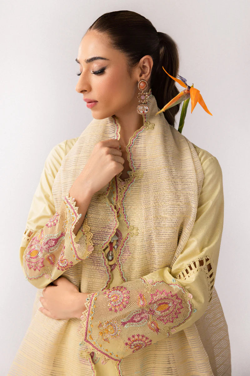 Model wearing lemon yellow embroidered dress from Qalamkar Basic Pret '25 KT-04 Afra, Saffron Pakistani Luxury pret online in UK.