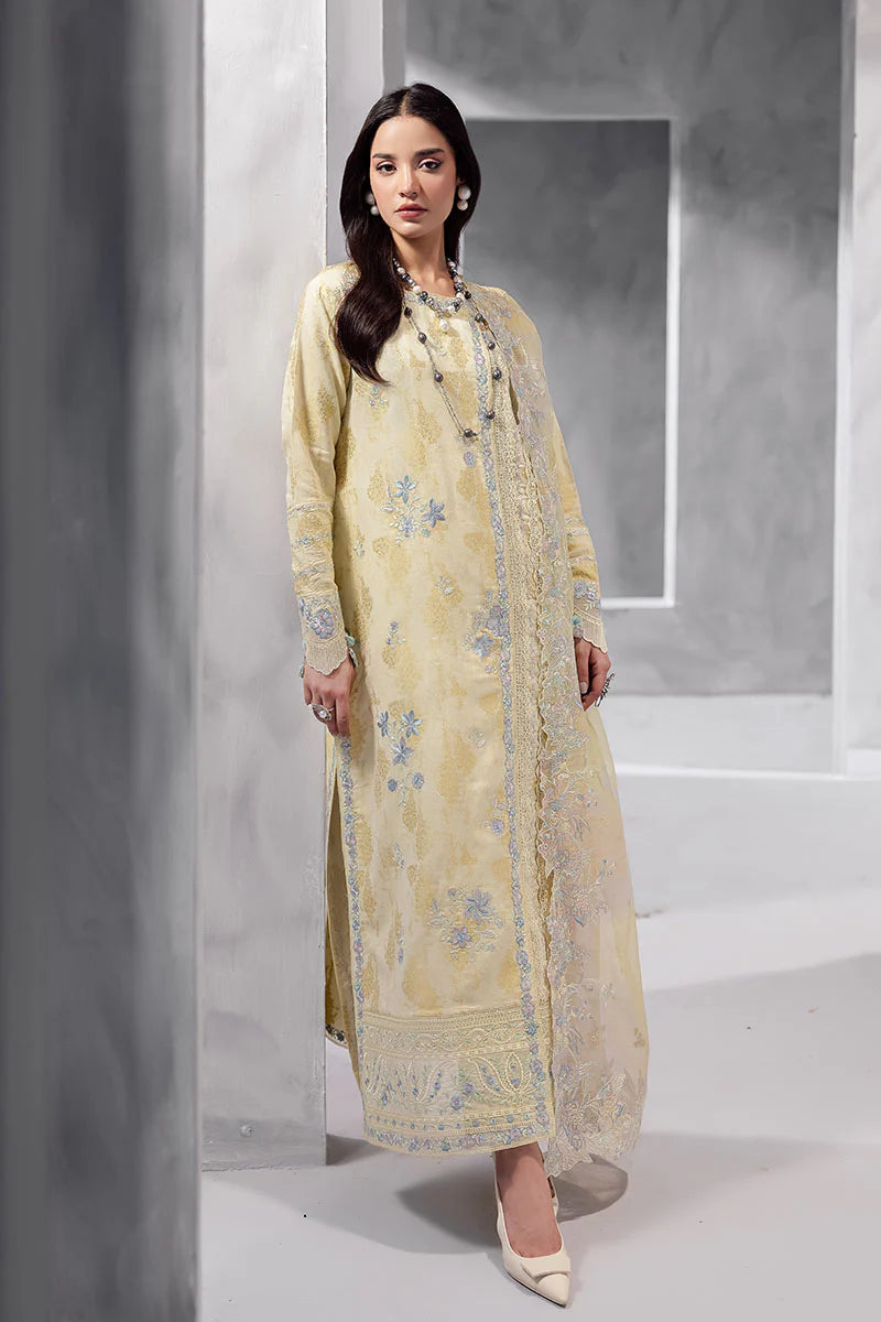 Model wearing pastel yellow Aymber from Mushq La Toscana Casual Pret '25, Pakistani luxury pret and Pakistani clothes online in UK.