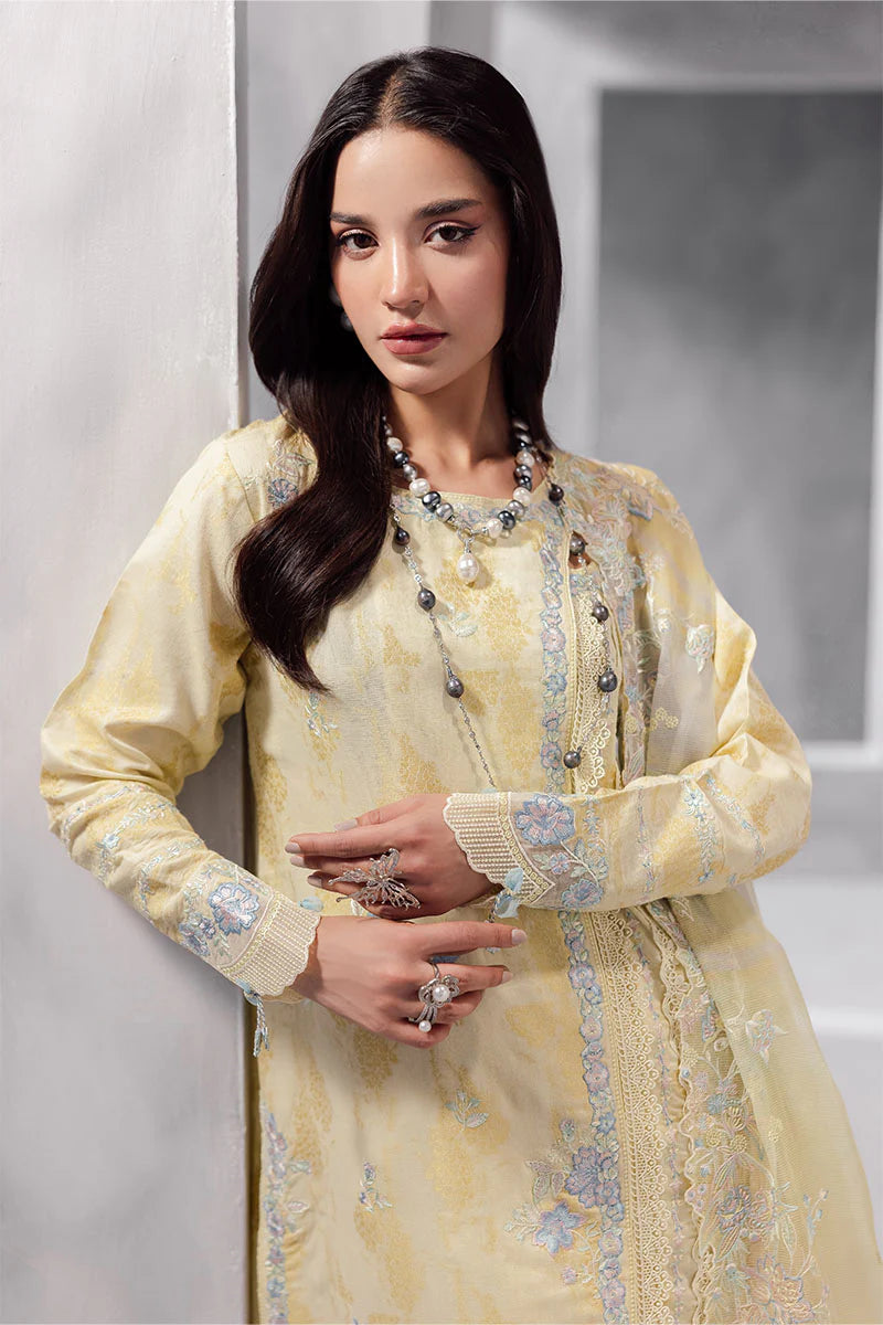 Model wearing pastel yellow Aymber from Mushq La Toscana Casual Pret '25, Pakistani luxury pret and Pakistani clothes online in UK.