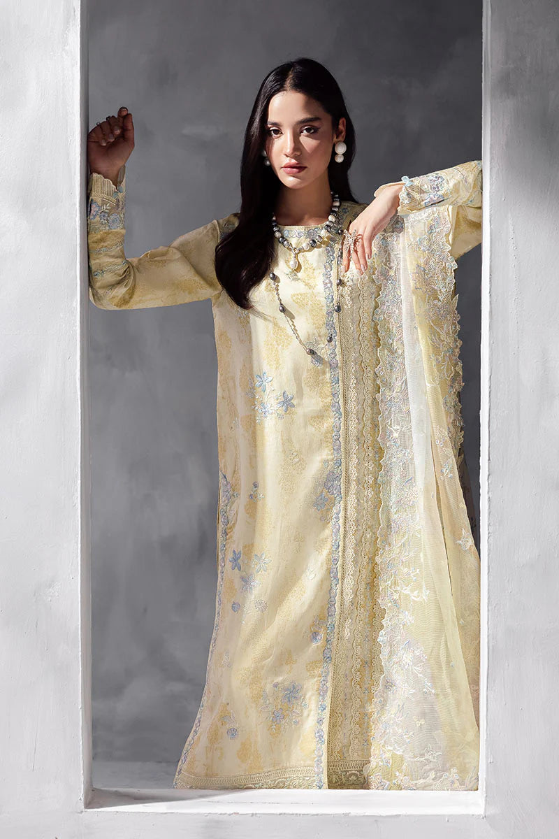 Model wearing pastel yellow Aymber from Mushq La Toscana Casual Pret '25, Pakistani luxury pret and Pakistani clothes online in UK.