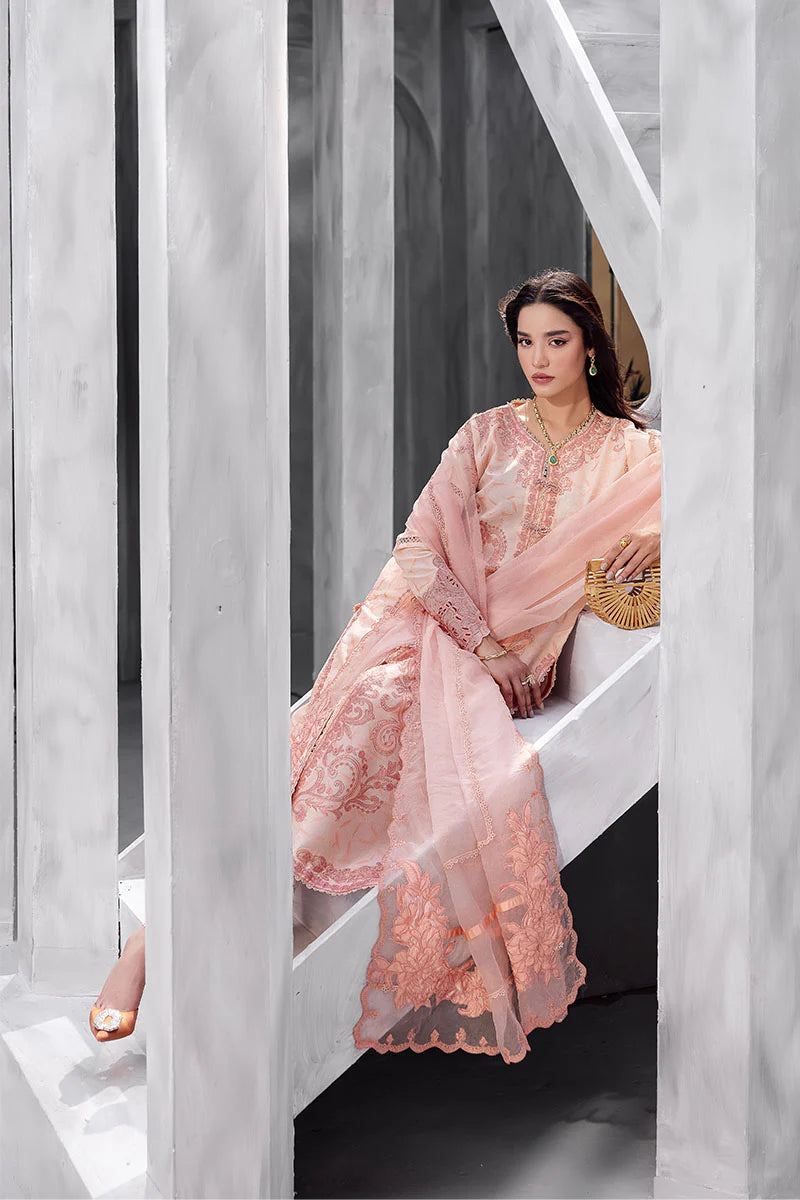 Model wearing peach pink Mitchelle from Mushq La Toscana Casual Pret '25, Pakistani luxury pret and Pakistani clothes online in UK.