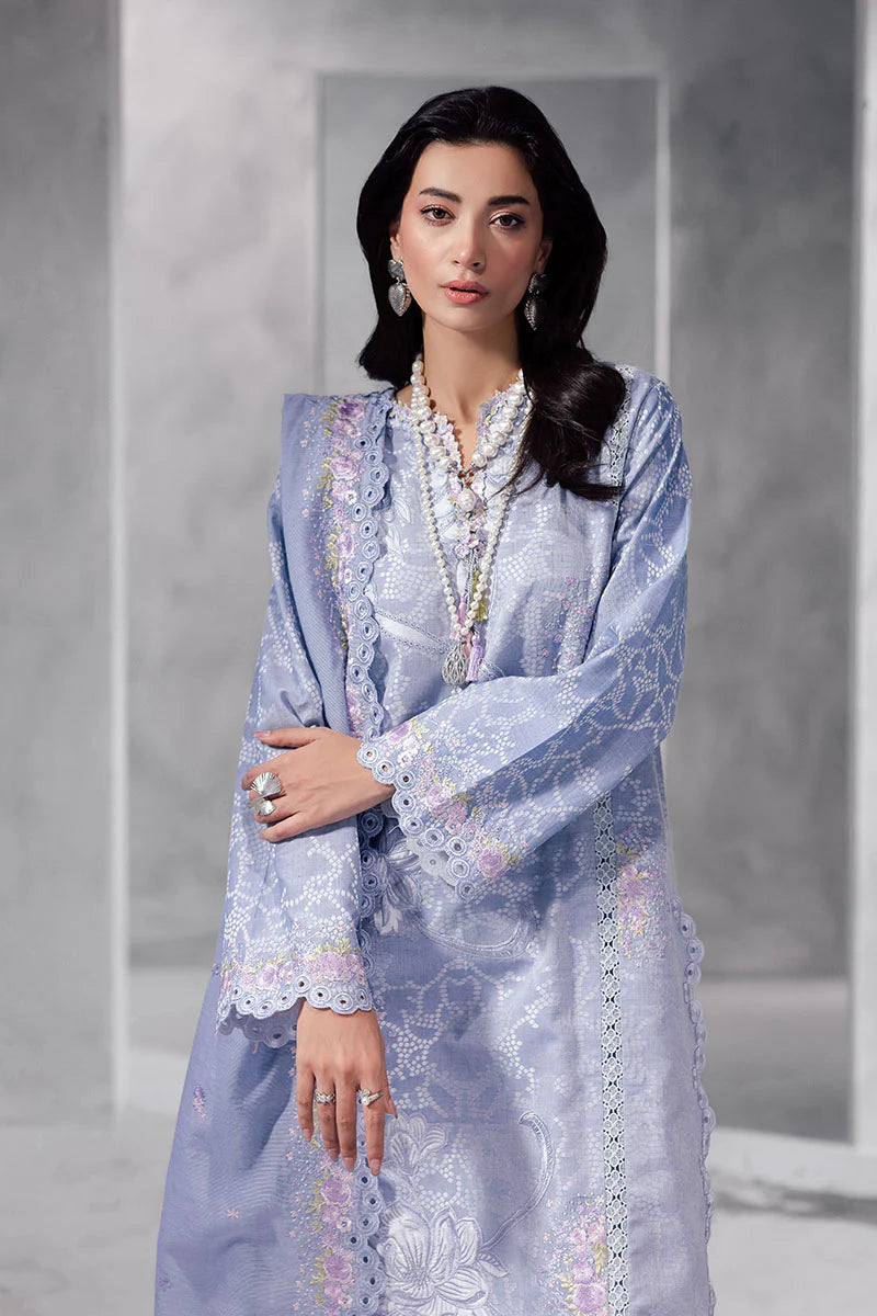 Model wearing powder blue Maysa from Mushq La Toscana Casual Pret '25, Pakistani luxury pret and Pakistani clothes online in UK.