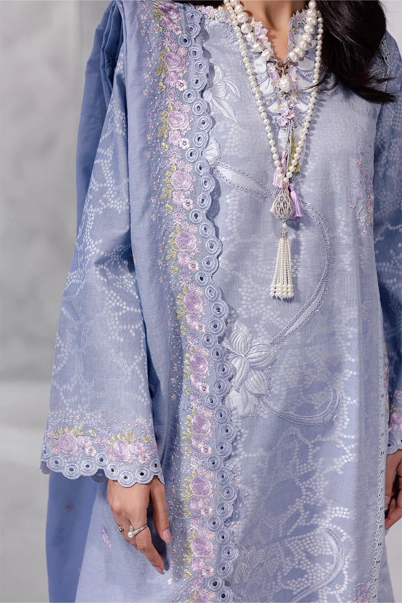 Model wearing powder blue Maysa from Mushq La Toscana Casual Pret '25, Pakistani luxury pret and Pakistani clothes online in UK.
