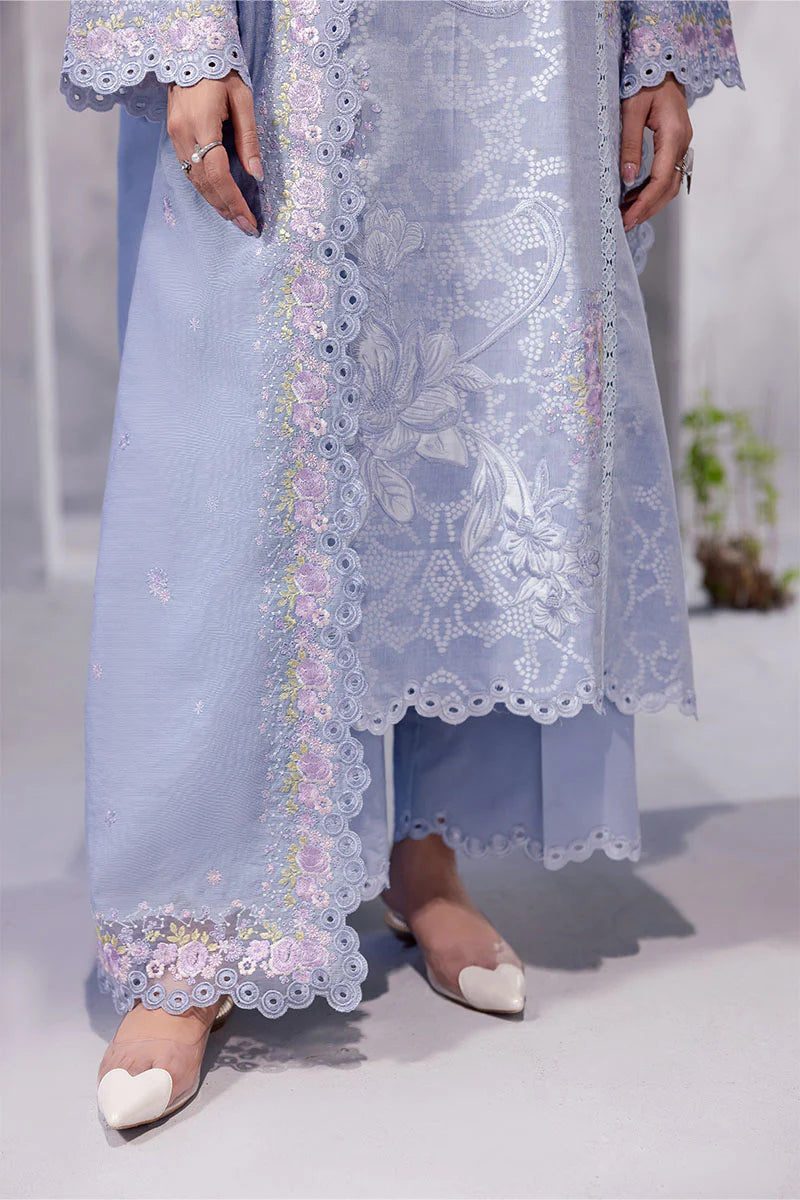 Model wearing powder blue Maysa from Mushq La Toscana Casual Pret '25, Pakistani luxury pret and Pakistani clothes online in UK.