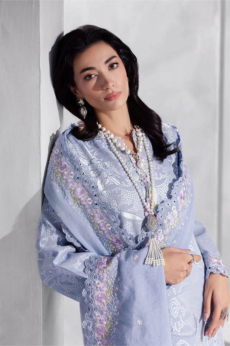 Model wearing powder blue Maysa from Mushq La Toscana Casual Pret '25, Pakistani luxury pret and Pakistani clothes online in UK.