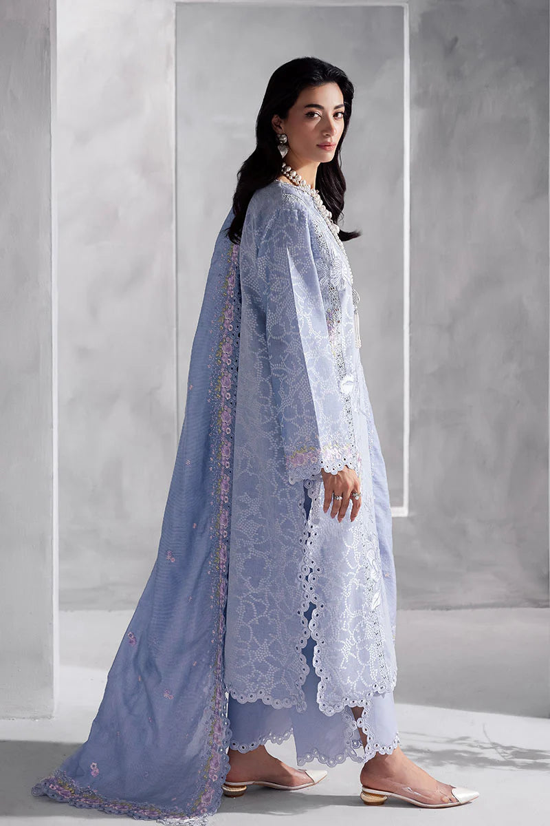 Model wearing powder blue Maysa from Mushq La Toscana Casual Pret '25, Pakistani luxury pret and Pakistani clothes online in UK.