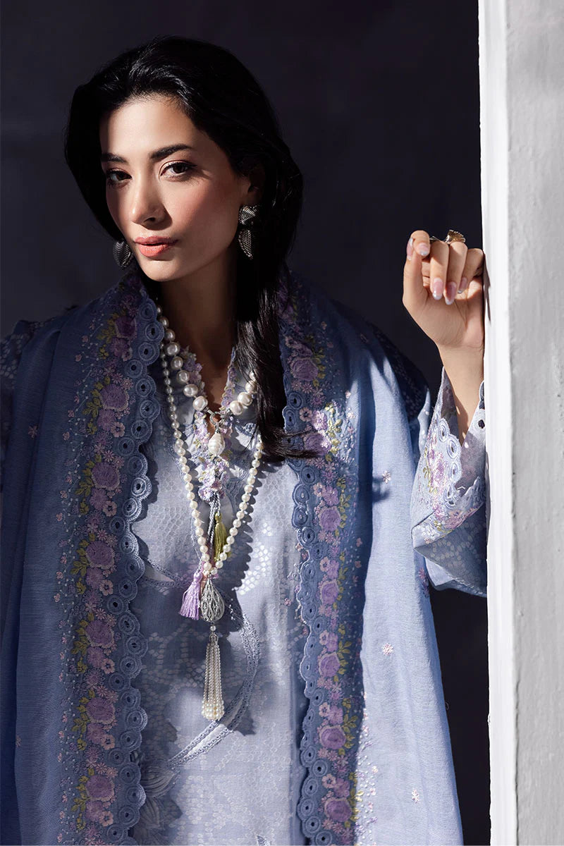 Model wearing powder blue Maysa from Mushq La Toscana Casual Pret '25, Pakistani luxury pret and Pakistani clothes online in UK.