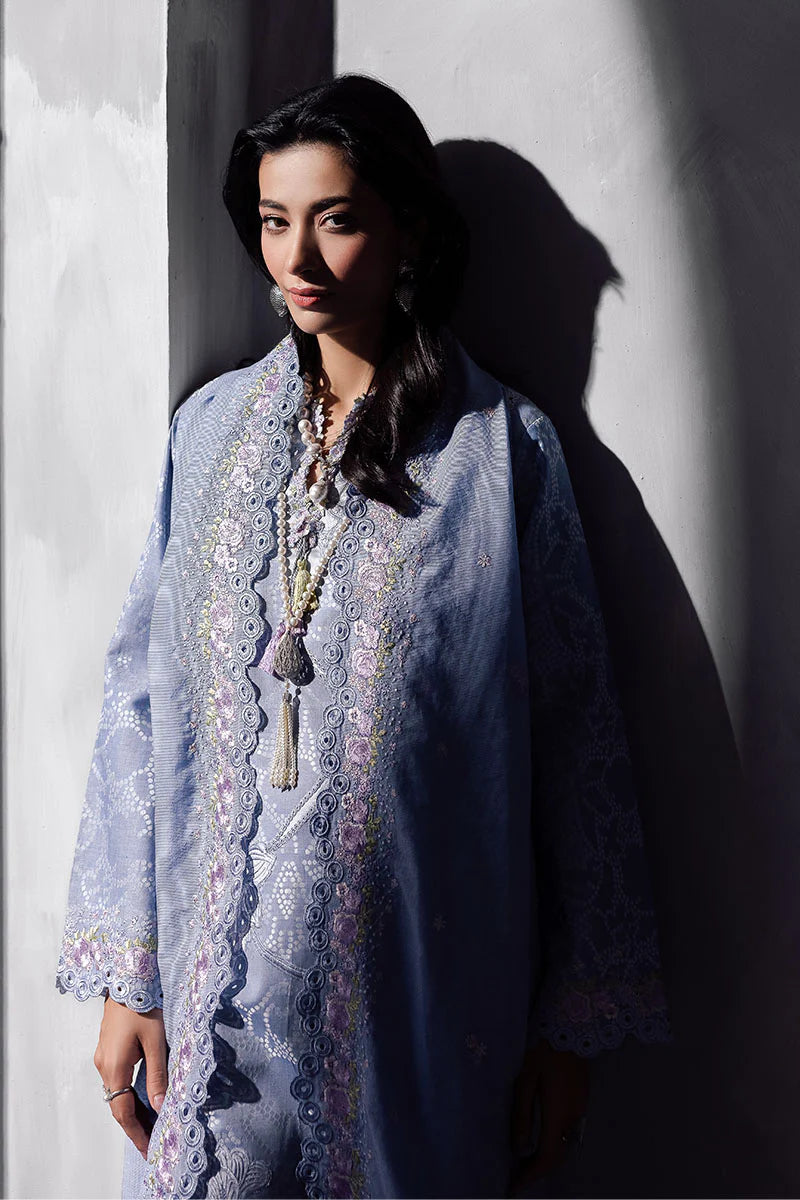 Model wearing powder blue Maysa from Mushq La Toscana Casual Pret '25, Pakistani luxury pret and Pakistani clothes online in UK.