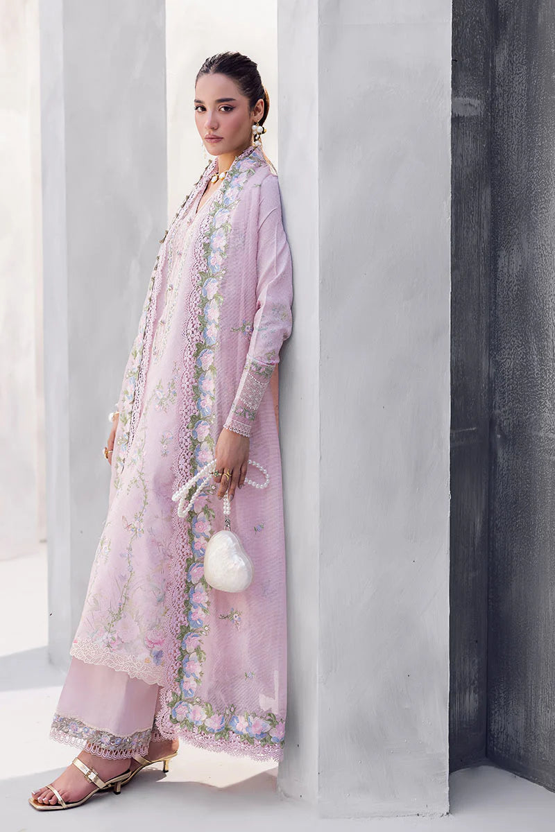 Model wearing soft pink Waliya from Mushq La Toscana Casual Pret '25, Pakistani luxury pret and Pakistani clothes online in UK.