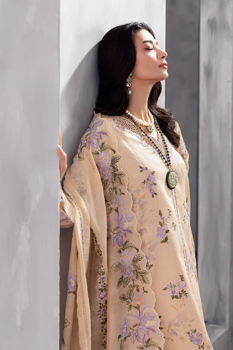 Model wearing beige Abeera from Mushq La Toscana Casual Pret '25, Pakistani luxury pret and Pakistani clothes online in UK.