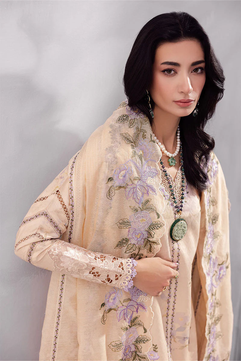 Model wearing beige Abeera from Mushq La Toscana Casual Pret '25, Pakistani luxury pret and Pakistani clothes online in UK.