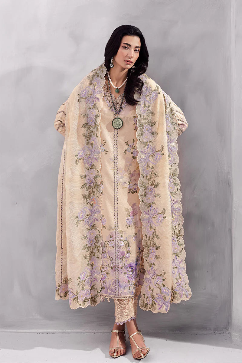 Model wearing beige Abeera from Mushq La Toscana Casual Pret '25, Pakistani luxury pret and Pakistani clothes online in UK.