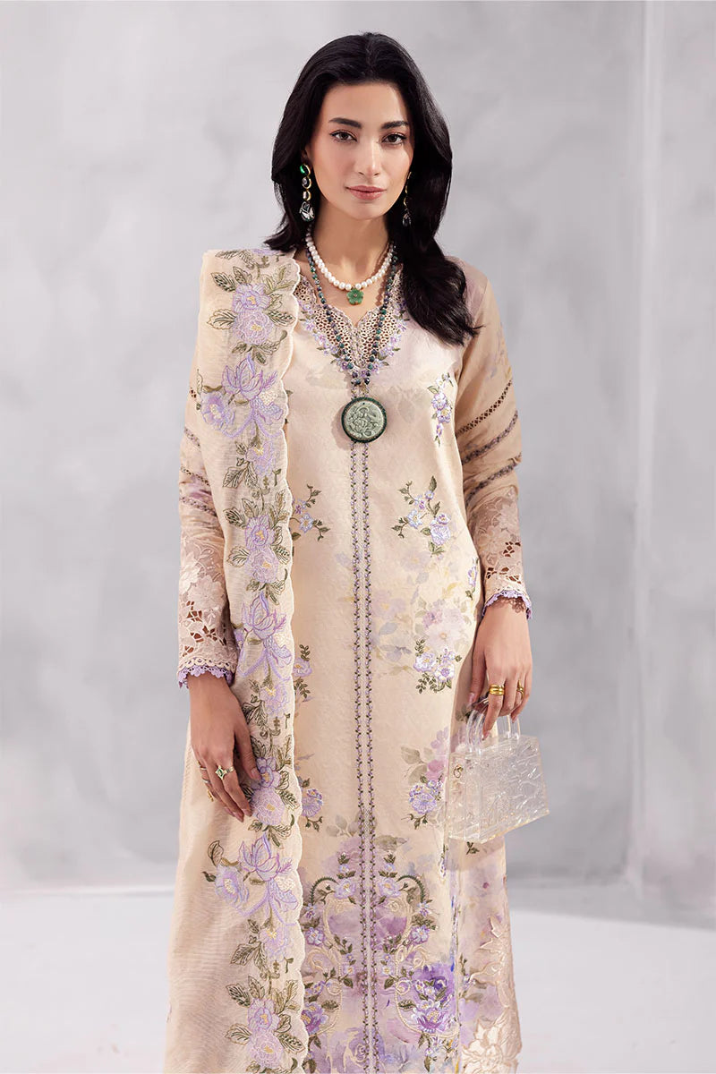 Model wearing beige Abeera from Mushq La Toscana Casual Pret '25, Pakistani luxury pret and Pakistani clothes online in UK.