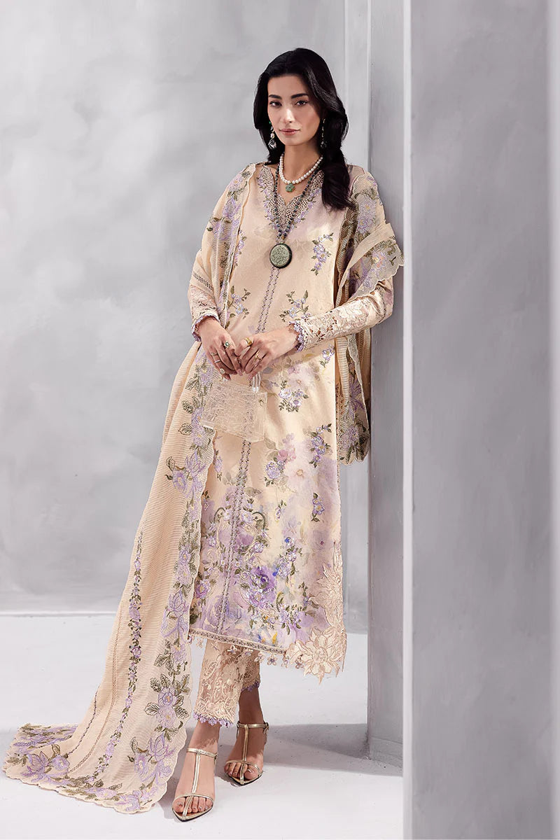 Model wearing beige Abeera from Mushq La Toscana Casual Pret '25, Pakistani luxury pret and Pakistani clothes online in UK.