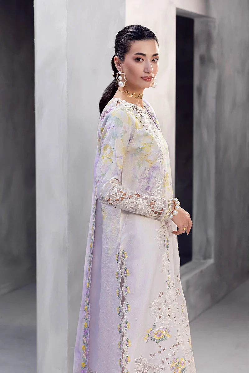 Model wearing soft lilac Ayreen from Mushq La Toscana Casual Pret '25, Pakistani luxury pret and Pakistani clothes online in UK.