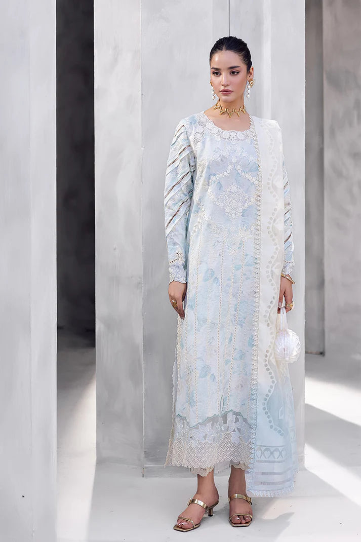 Model wearing ice blue Ayzel from Mushq La Toscana Casual Pret '25, Pakistani luxury pret and Pakistani clothes online in UK.