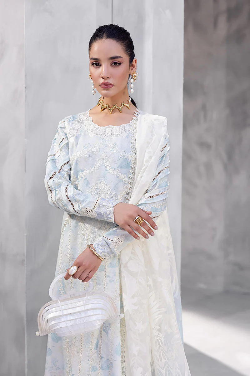 Model wearing ice blue Ayzel from Mushq La Toscana Casual Pret '25, Pakistani luxury pret and Pakistani clothes online in UK.