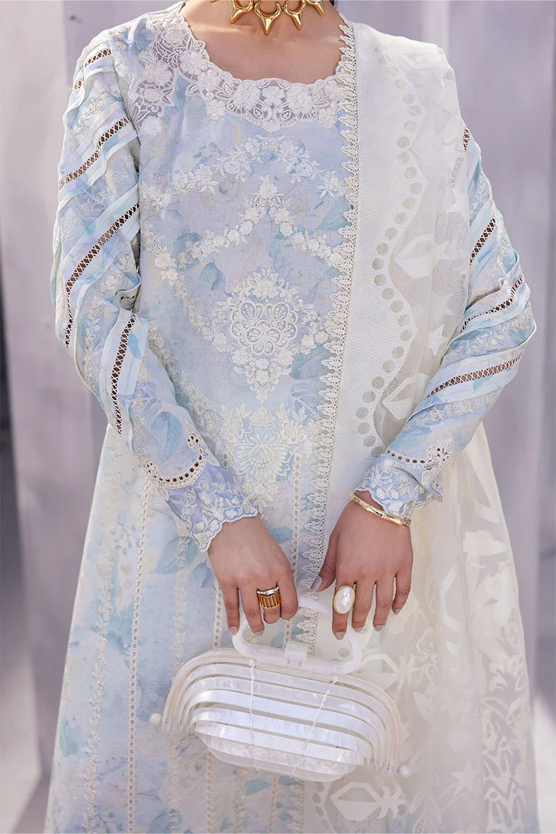 Model wearing ice blue Ayzel from Mushq La Toscana Casual Pret '25, Pakistani luxury pret and Pakistani clothes online in UK.