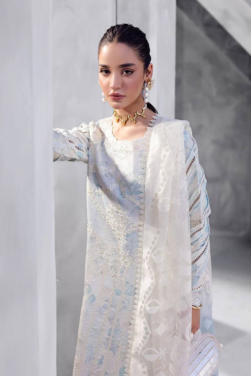 Model wearing ice blue Ayzel from Mushq La Toscana Casual Pret '25, Pakistani luxury pret and Pakistani clothes online in UK.