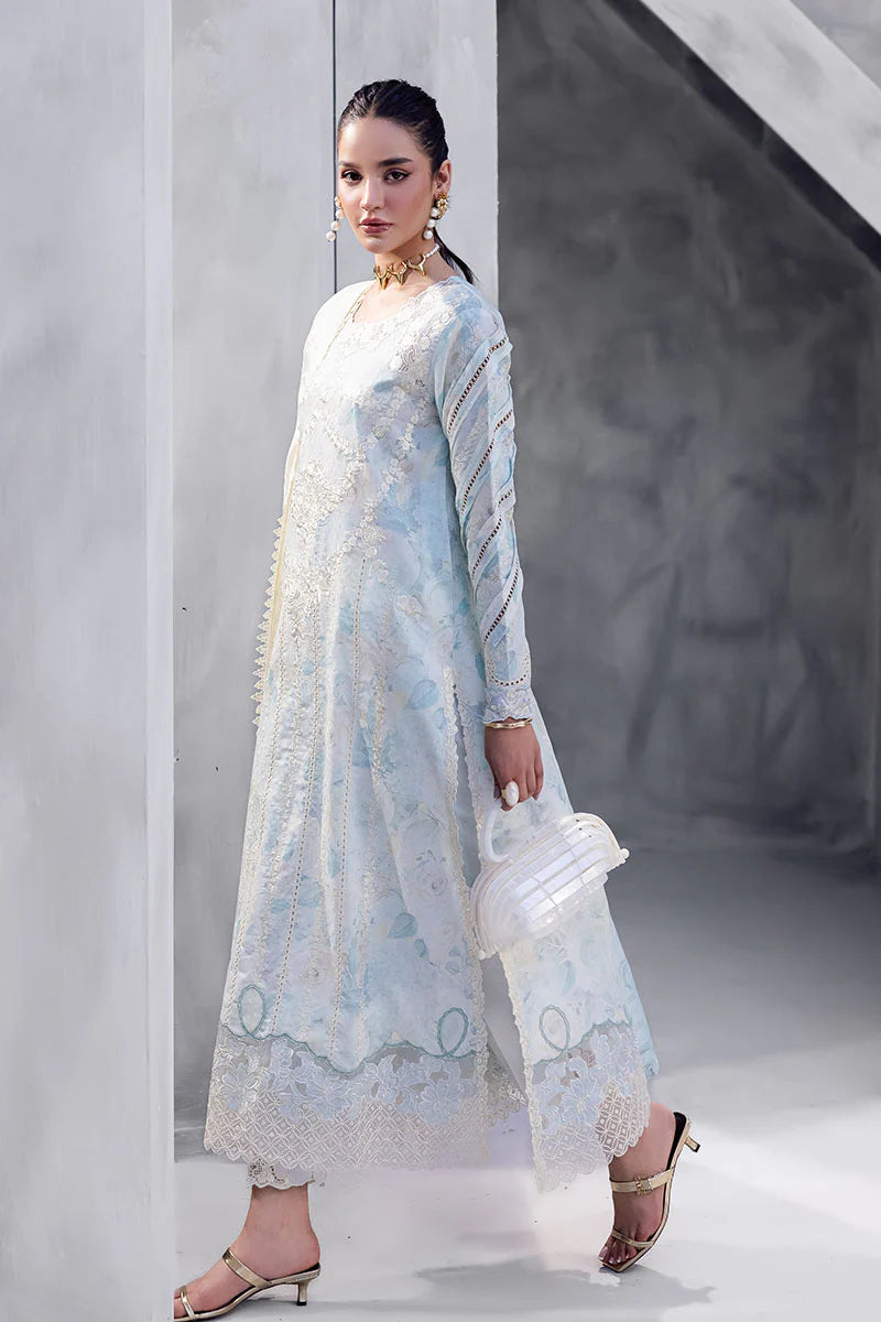 Model wearing ice blue Ayzel from Mushq La Toscana Casual Pret '25, Pakistani luxury pret and Pakistani clothes online in UK.
