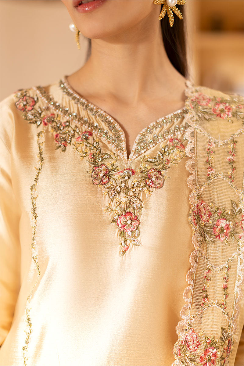 Model wearing golden Aurea dress from Mushq featuring intricate embellishments, ideal for Pakistani luxury pret and clothes online in UK.