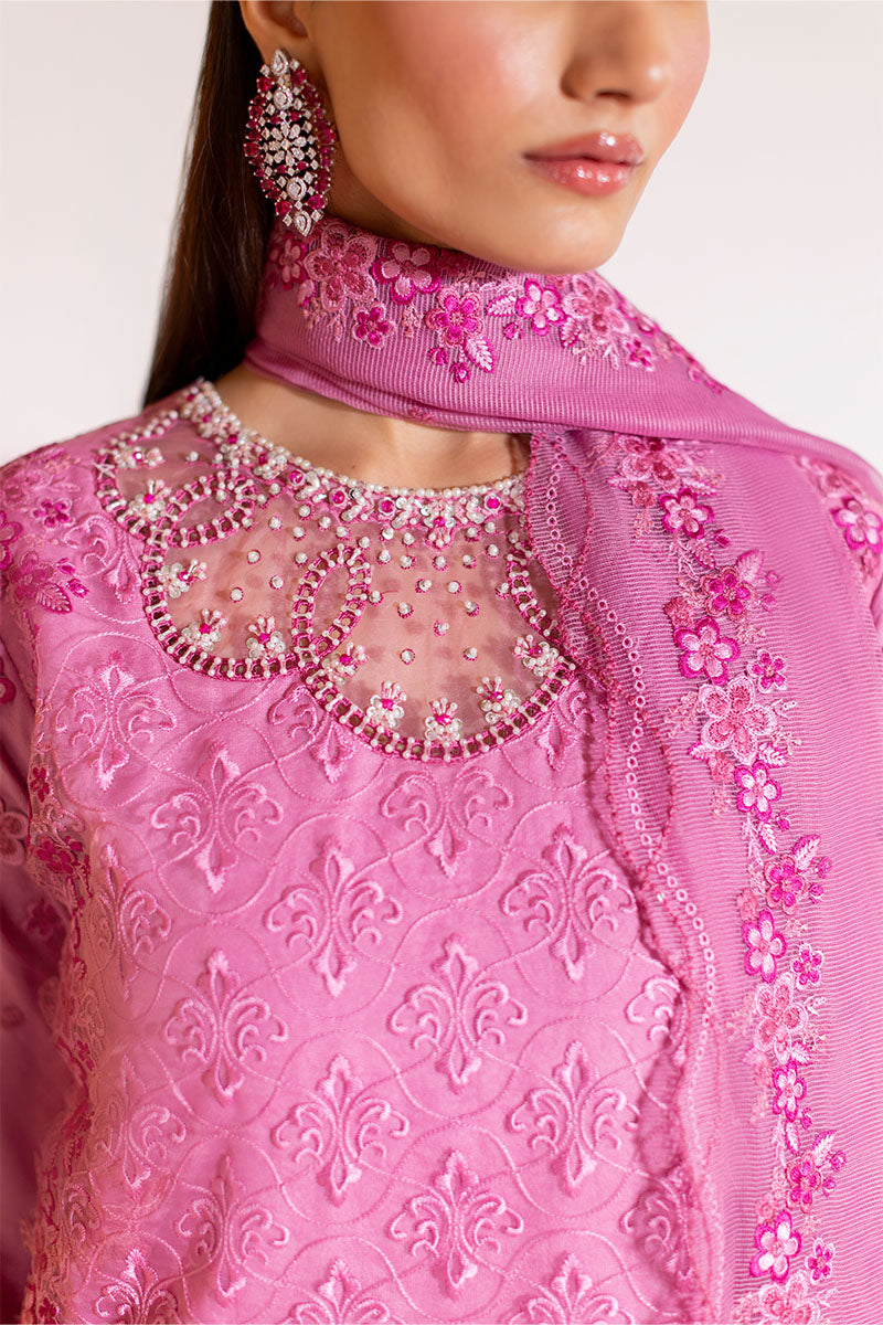 Model wearing blush pink embroidered Reyna outfit from Mushq, ideal for Pakistani luxury pret and Pakistani clothes online in UK.