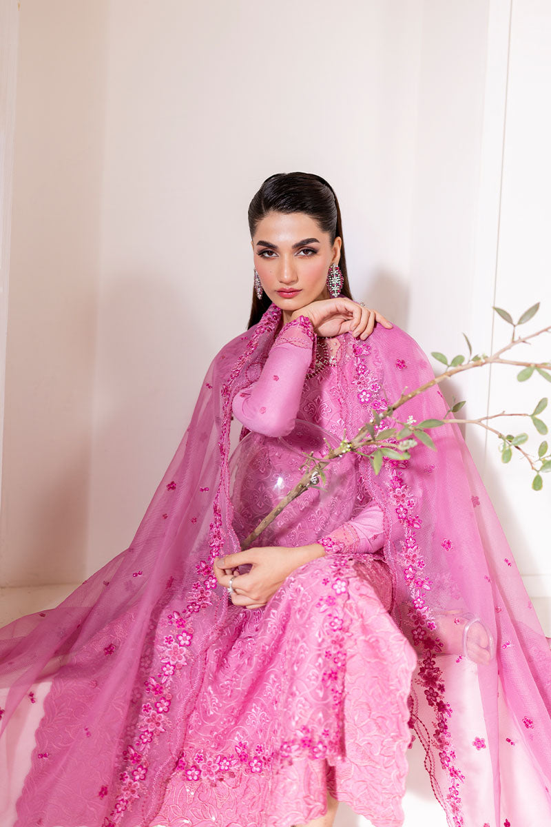 Model wearing blush pink embroidered Reyna outfit from Mushq, ideal for Pakistani luxury pret and Pakistani clothes online in UK.