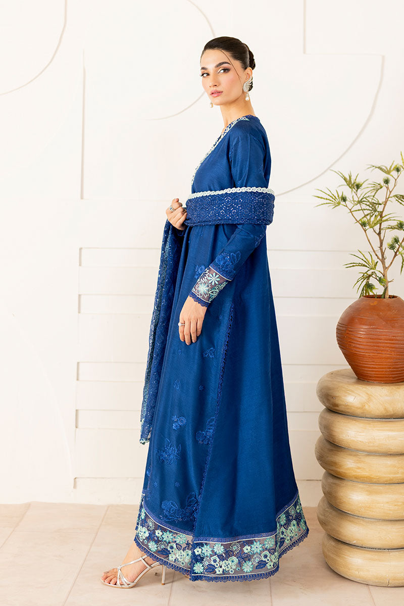 Model wearing deep navy blue embroidered Kayra dress from Mushq, ideal for Pakistani luxury pret and Pakistani clothes online in UK.
