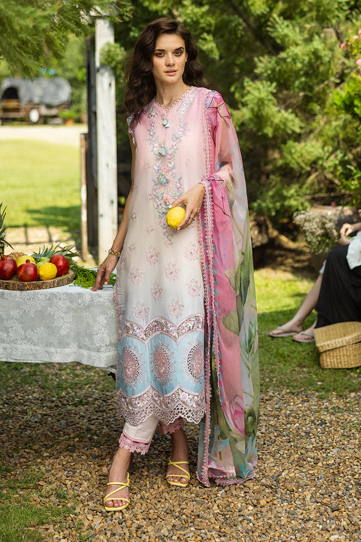 Model wearing pastel pink and sky blue Sorriso dress from Mushq Solace Ombre Chikankari, Pakistani Luxury pret, Pakistani clothes online in UK.
