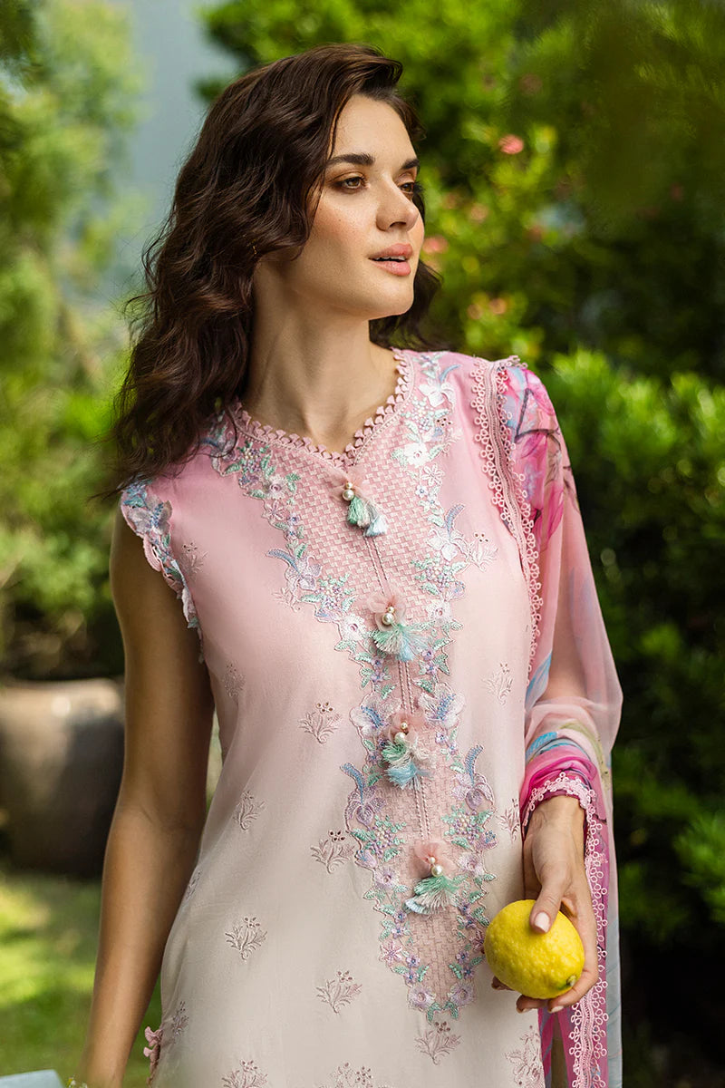 Model wearing pastel pink and sky blue Sorriso dress from Mushq Solace Ombre Chikankari, Pakistani Luxury pret, Pakistani clothes online in UK.